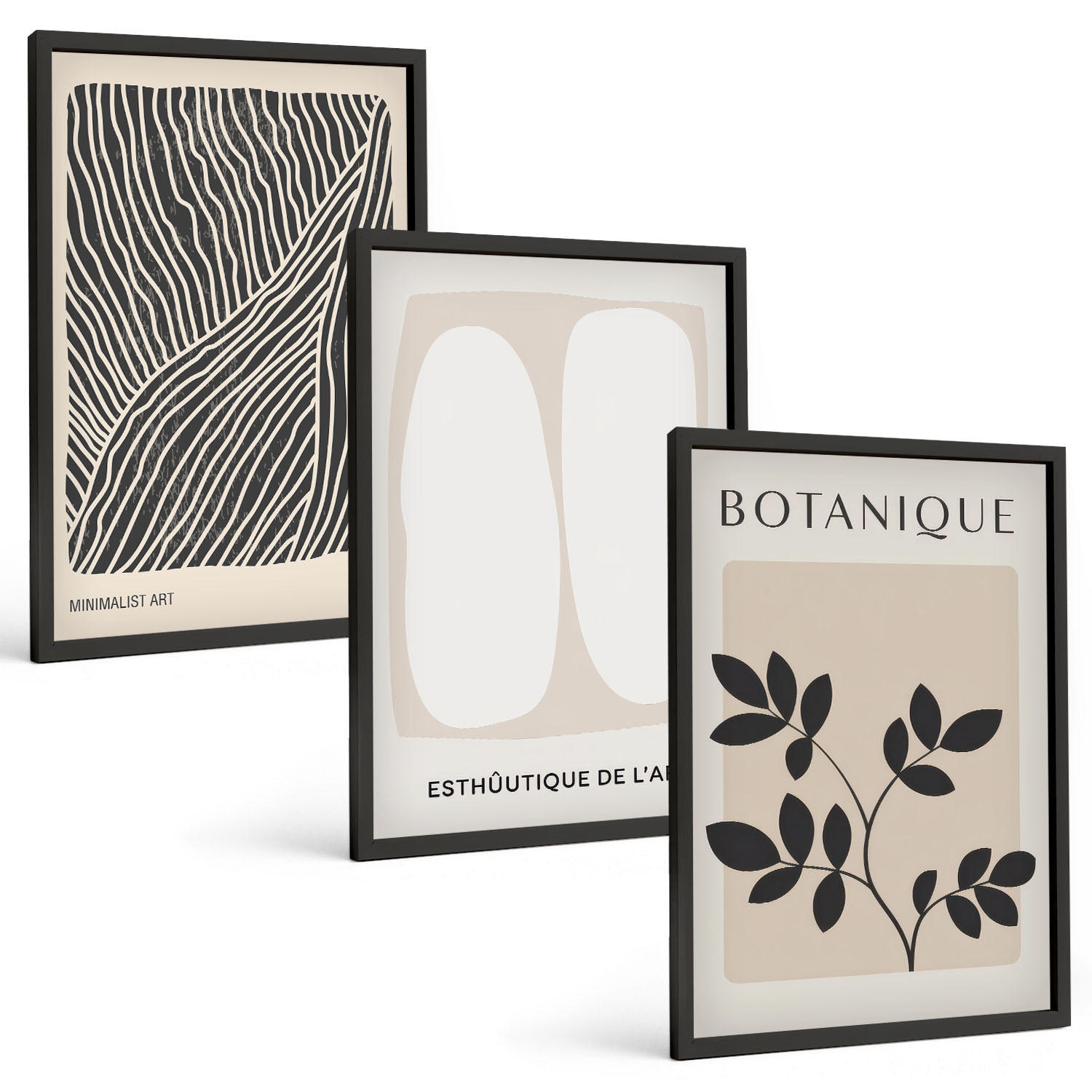 BILDER SET 3er Set - 40x60 cm Schwarzer Rahmen - Pflanzenmuster und Linien - Schwarz, Kunststoff (40/60cm) - TULUP