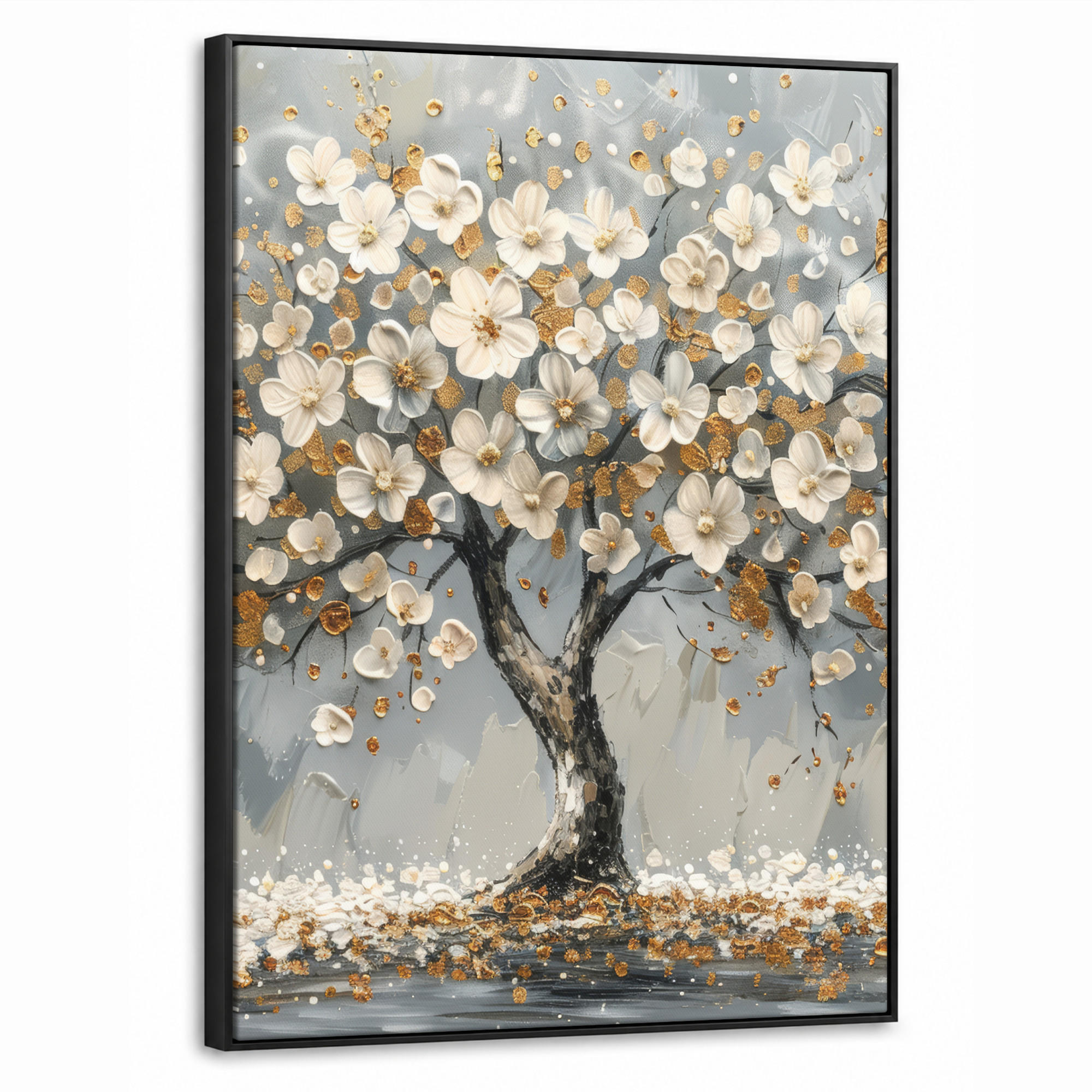 LEINWAND Bilder mit Rahmen - Baum - Blumen - Weiß - Natur - Kunst - 70x100 - Weiß, Textil (70/100cm) - MuchoWow