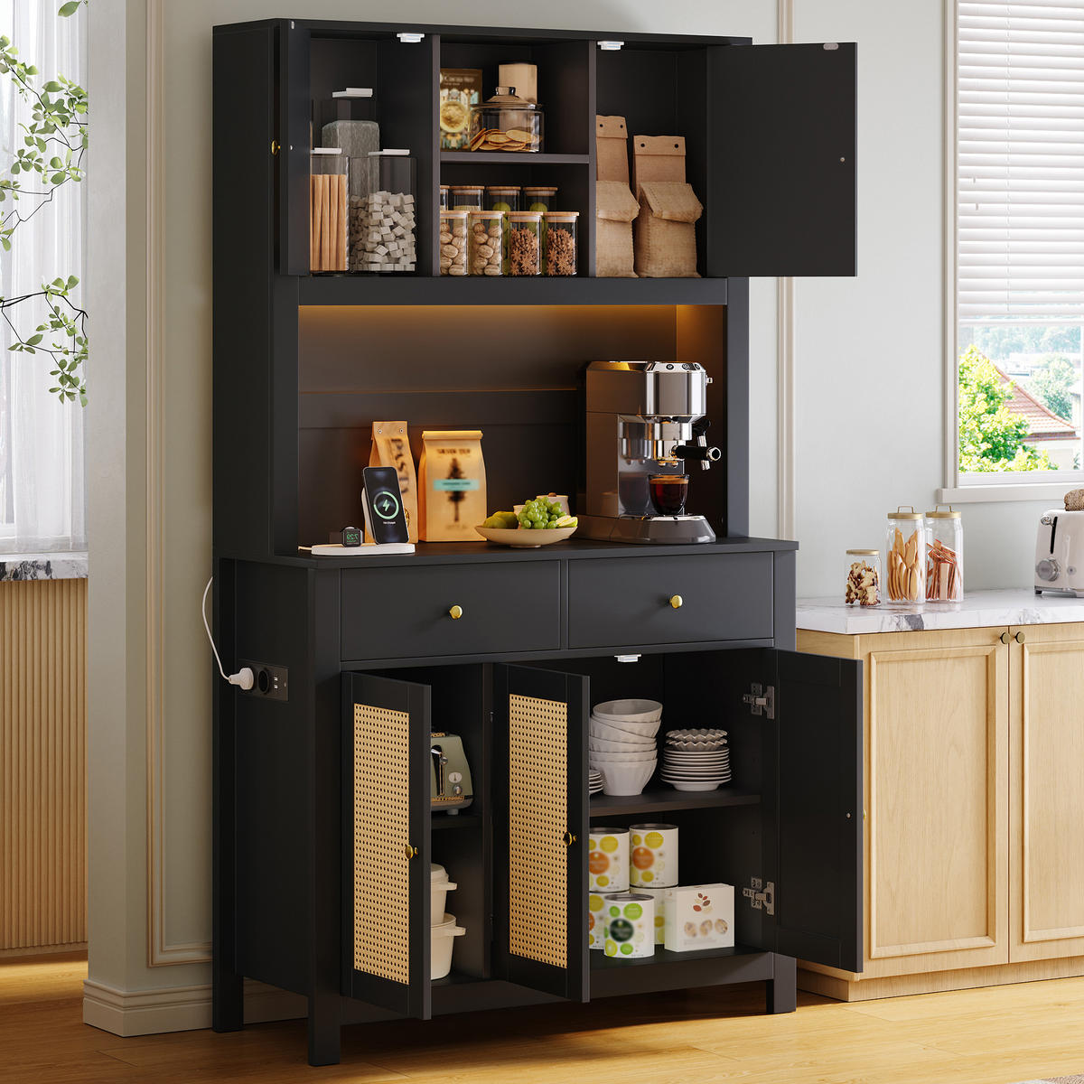 BUFFET DE-38637 100/40/180 cm LED-Beleuchtung und 5 Rattantüren Schwarz - Schwarz, Holzwerkstoff (100/180/40cm) - ComfortXL
