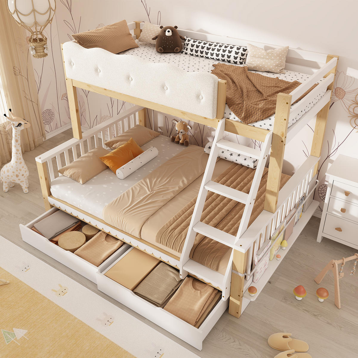 ETAGENBETT 90/140/200 cm DE-32503 mit Wolken-Geländer Weiß/Eiche - Eichefarben, Holz (90/200cm) - ComfortXL