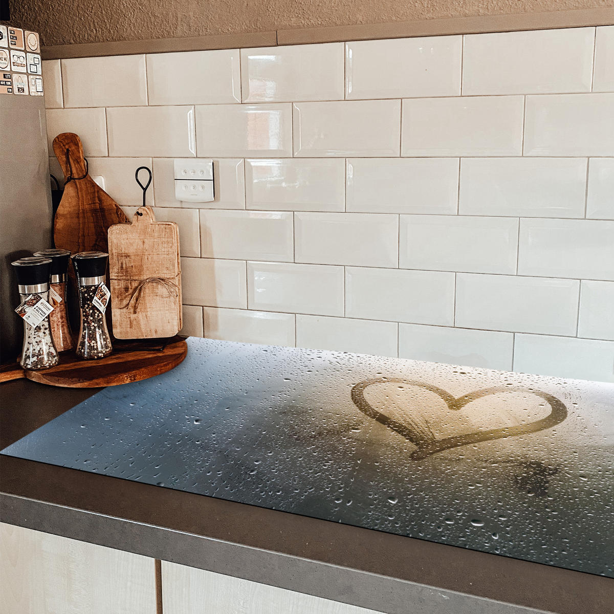 HERDABDECKPLATTE Herz - Kondenswasser - Wasser - 3D Ceranfeldabdeckung 90x52 cm - Grau, Kunststoff (90/52/0.2cm) - MuchoWow
