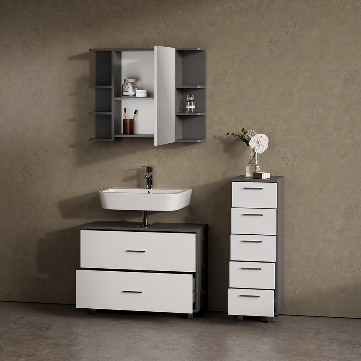BADMÖBEL-SET Eisak Weiß/Anthrazit 3 Teile, mit Unterschrank 80 cm - Anthrazit/Weiß, Holzwerkstoff (80/60/33cm) - Livinity®