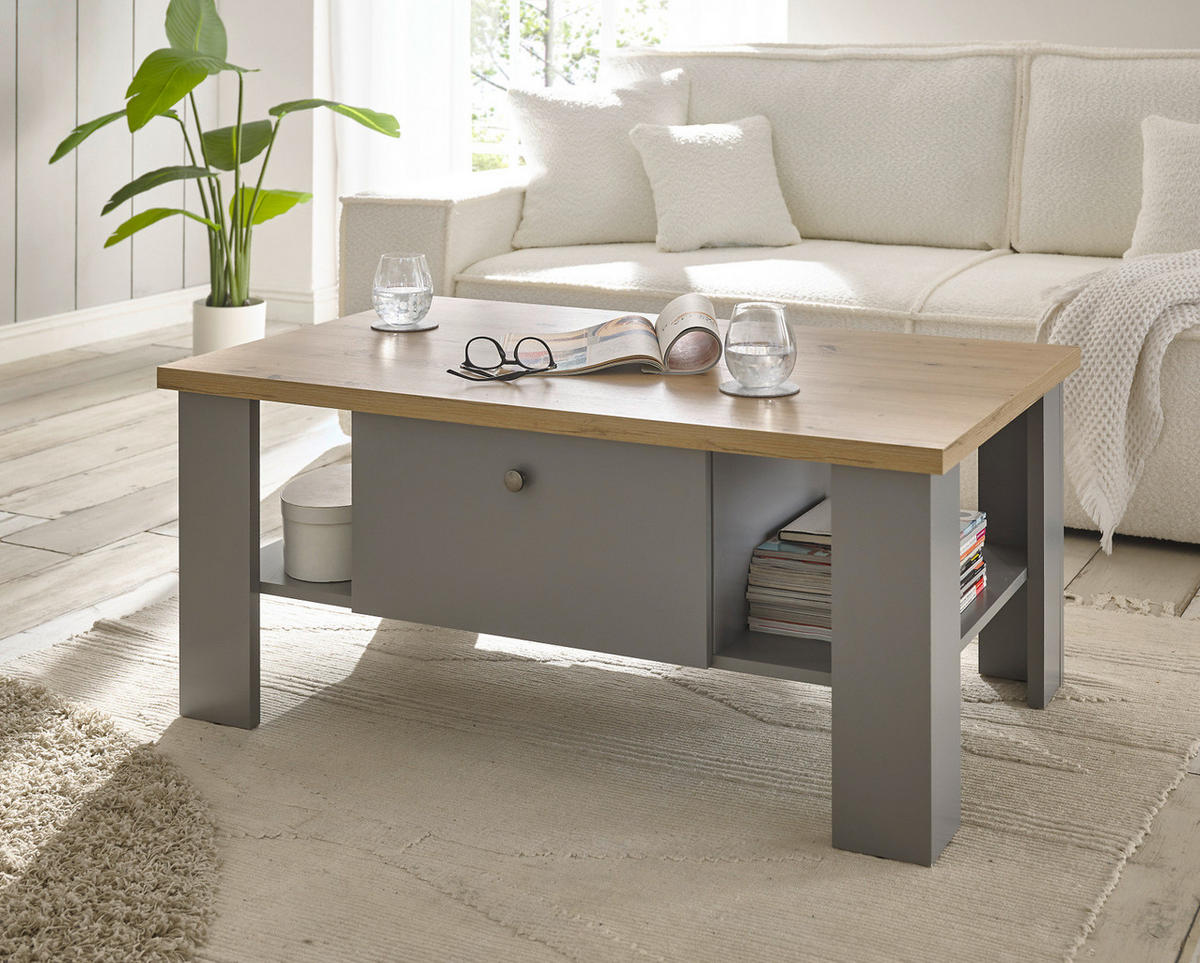 COUCHTISCH grau, Artisan Eiche Landhaus 107 x 67 cm, Beistelltisch mit Schubkästen - Silberfarben/Hellgrau, Holzwerkstoff/Metall (107/67/46cm) - Furn.Design