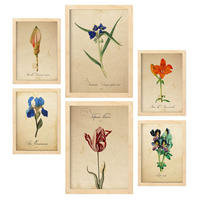 POSTER Set Mit 6 Blumen in Blau, Rot und Orange Größe A3 & A4 Rahmen aus hellem Holz - Beige, Papier (29.7/1cm) - Nacnic