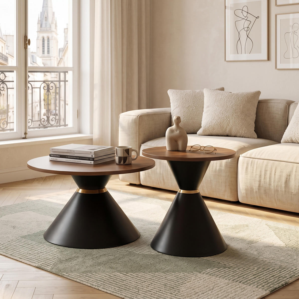 KONFERENČNÍ STOLEK sada 2 ks v dekoru ořechu a černé, kuželový design - barva vlašského ořechu, kov (70/70/42.5cm) - Urban Meuble