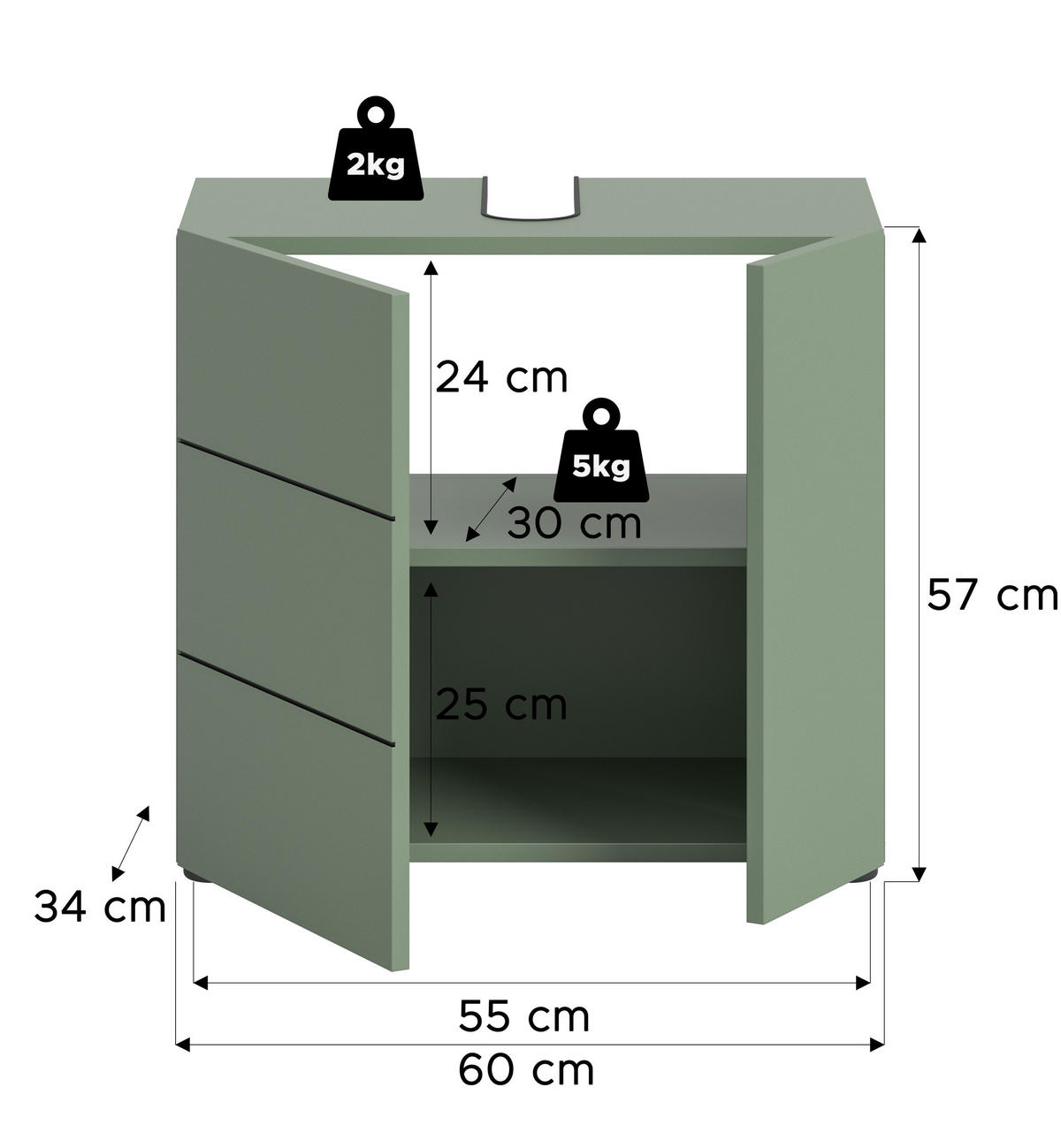 WASCHBECKENUNTERSCHRANK VIRA (B/H/T: ca. 60/57/34 cm) in Smoke Green/Smoke Green - Grün, Holz (60/57/34cm)