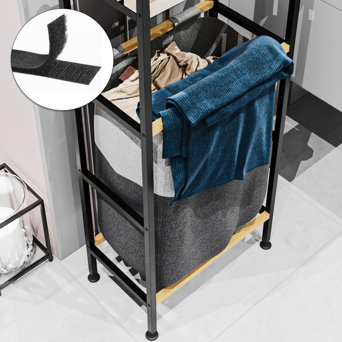 BADEZIMMERREGAL Pello mit Wäschetasche - Schwarz/Naturfarben, Holz/Textil (39/100/22cm) - [en.casa]