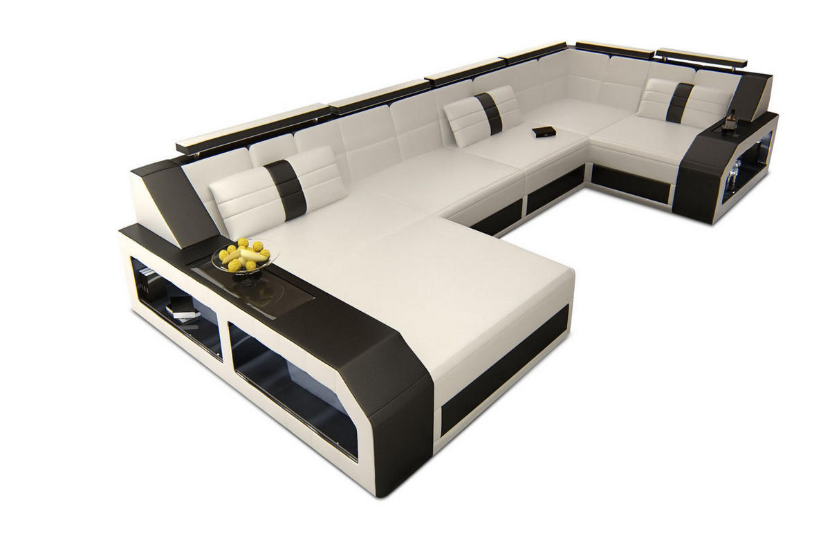 WOHNLANDSCHAFT Arezzo U - Schwarz/Weiß, Leder (380/86/197cm) - Sofa Dreams
