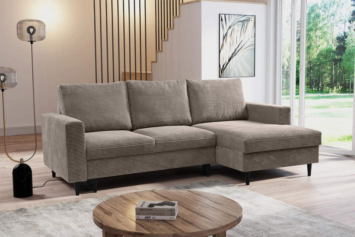 ECKSOFA Nalika Beige mit Cordbezug - Beige/Schwarz, Holz/Textil (143/230cm) - Selsey