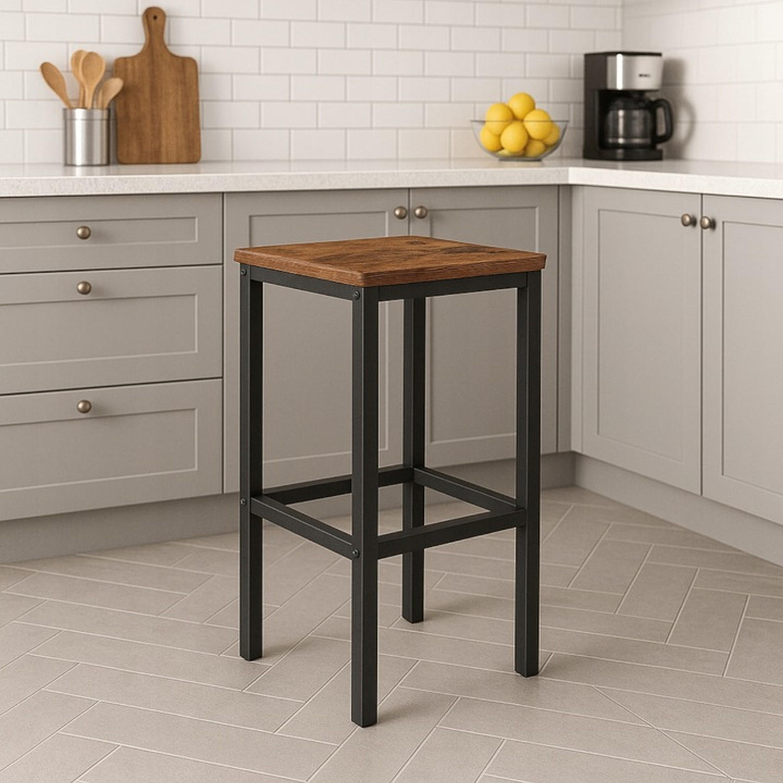 BARHOCKER Dunkelbraun, Schwarz Stahl, 40/30/65 cm - Dunkelbraun/Schwarz, Holzwerkstoff/Metall (30/65/40cm) - Begryf