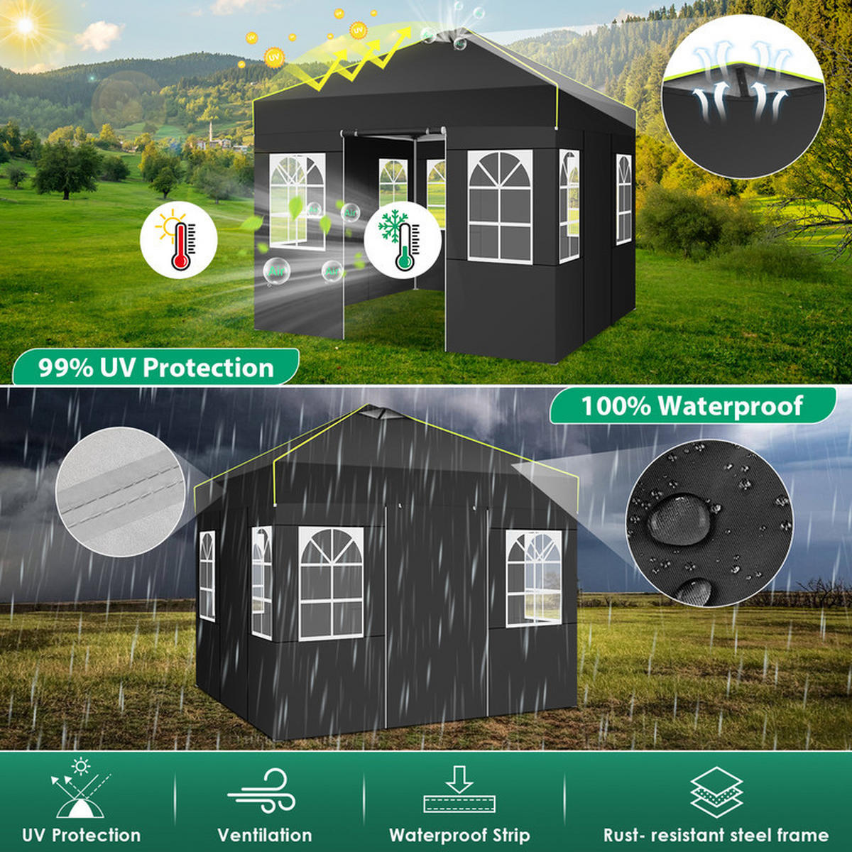 POP-UP-GARTENPAVILLON – 3×3 m, wasserdicht, UV-beständig, mit 4 Seitenwänden und Belüftungsöffnung - Grau, Metall (300/298/300cm) - Kaket