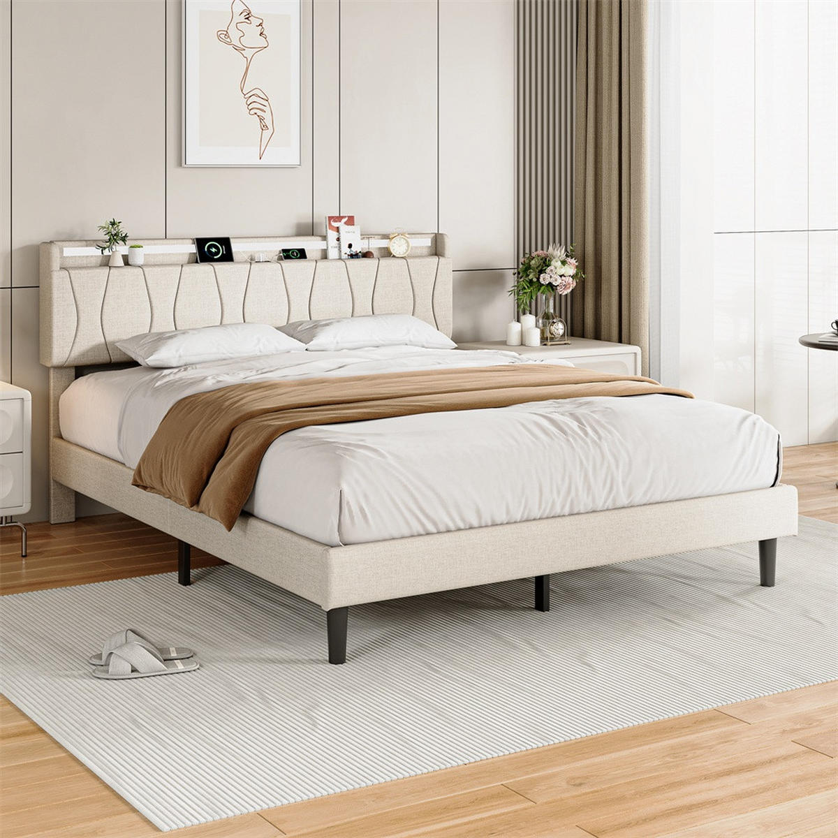 POLSTERBETT 140x200 cm mit LED-Beleuchtung - Kopfteil mit Ladefunktion - Gepolstertes Kopfteil - Beige - Beige, Textil (140/200cm) - DELFA