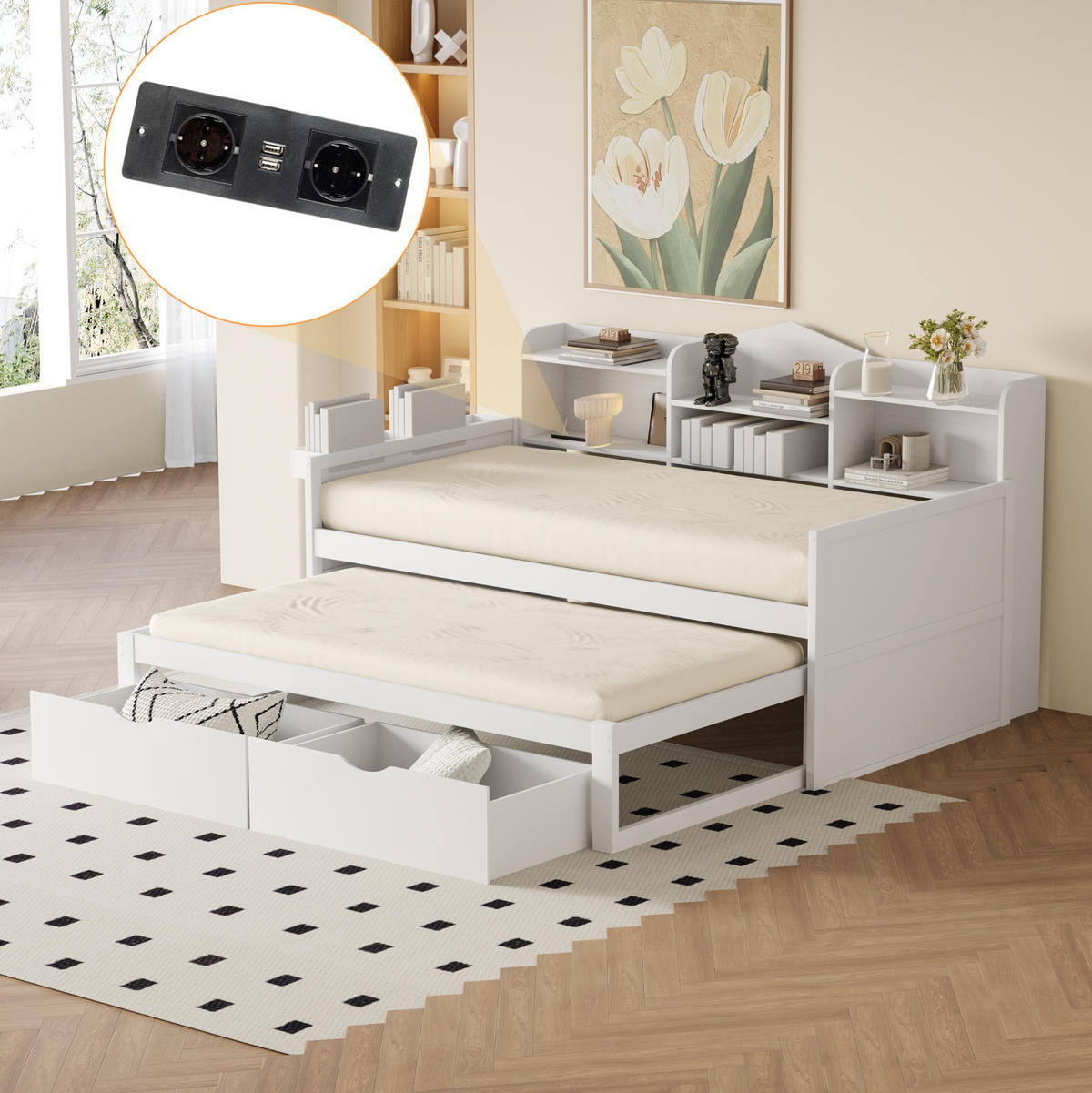 SCHLAFSOFA 90/200 cm mit Ausziehbett, USB-Anschluss und Stauraum, Holz, Weiß - Weiß, Holz (204.6/100/110cm) - Redom