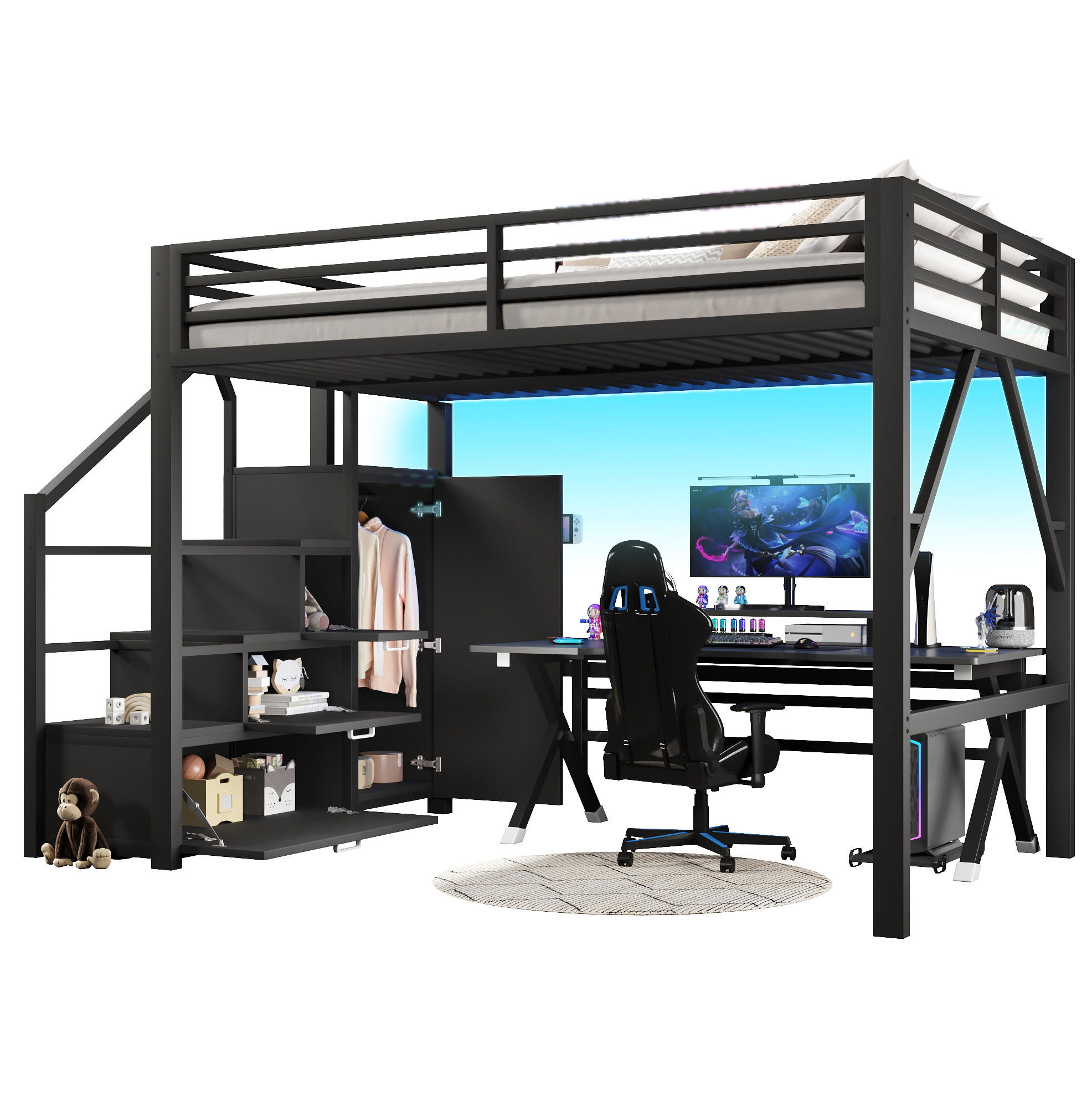 HOCHBETT 140/200 cm aus MDF und Metall mit Kleiderschrank LED und Stauraum Schwarz - Schwarz, Holzwerkstoff (140/200cm) - Modenvie
