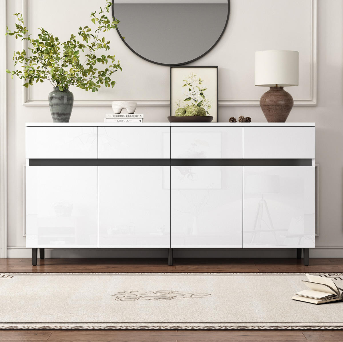 SIDEBOARD, 160/40/68 cm, bílý, dřevotříska, s vysokým leskem a 4 zásuvkami - bílá, kompozitní dřevo (160/68/40cm) - BEAOK