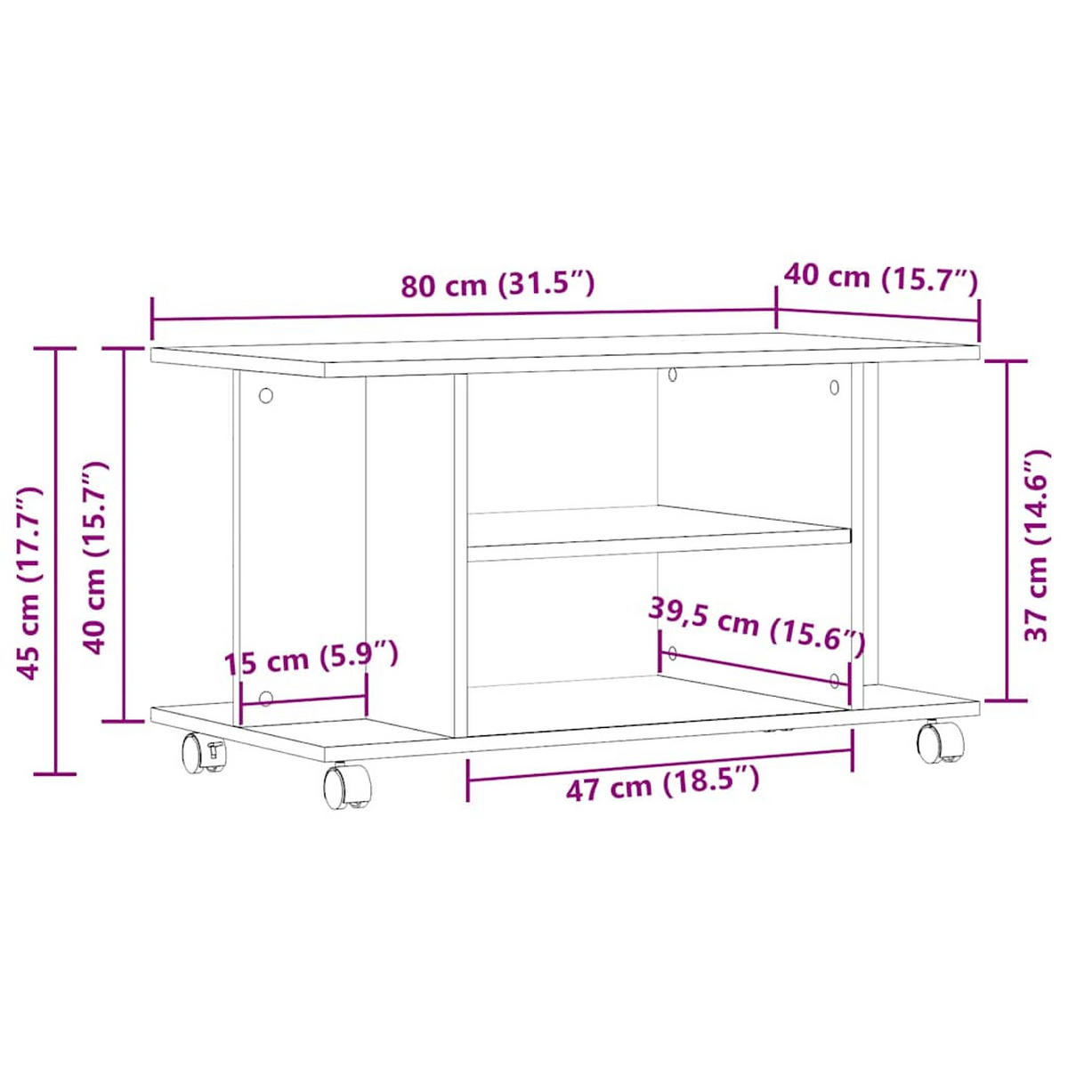 TV-SCHRANK Mit Rollen Schwarz Eichen-Optik 80/40/45 Cm - Schwarz, Holzwerkstoff (40/45/80cm) - vidaXL