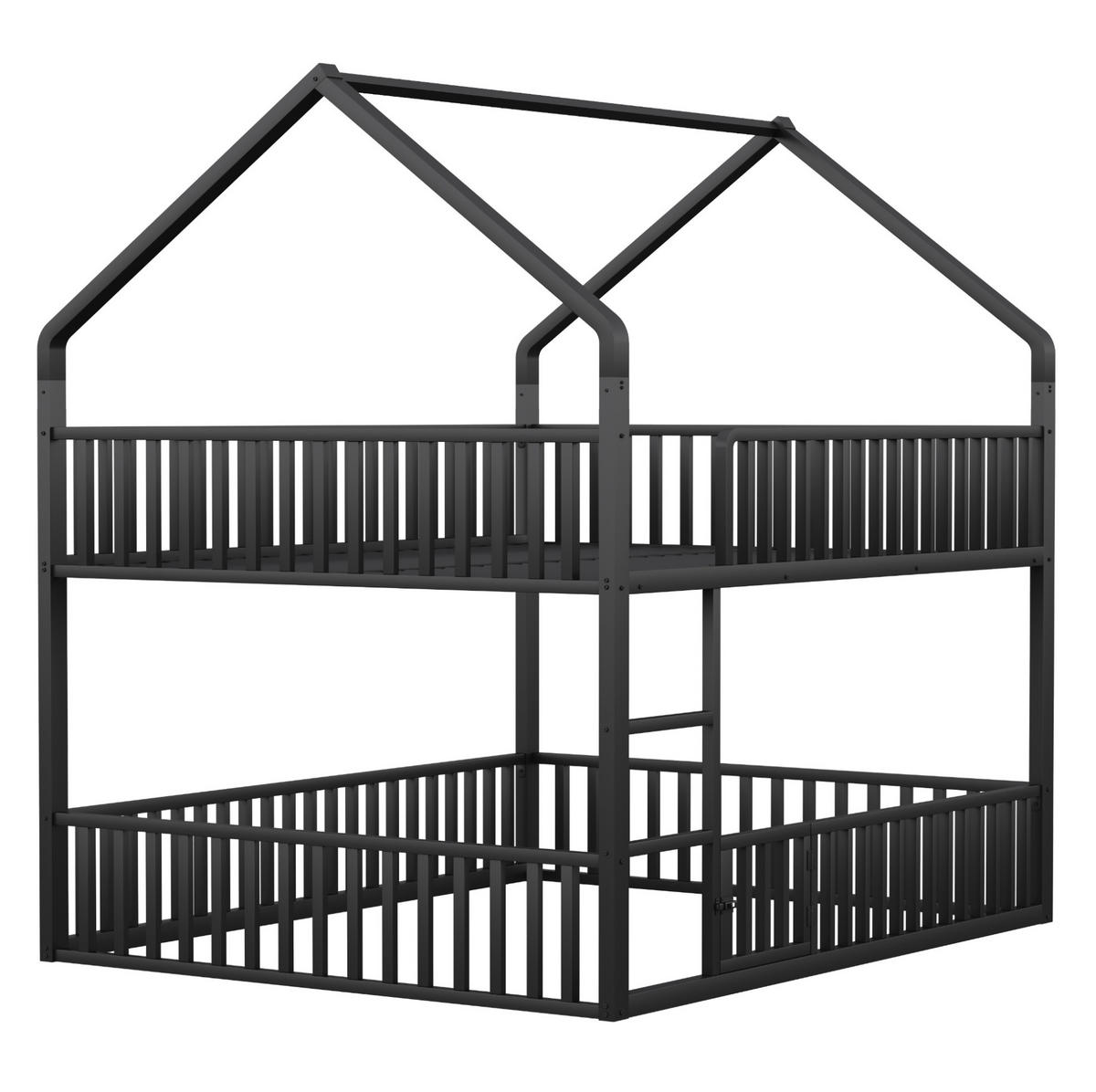 ETAGENBETT aus Metall 140x200 cm Schwarz mit Hausrahmen, Frontleiter und Sicherheitsgeländern - Schwarz, Metall (140/200cm) - Modfu