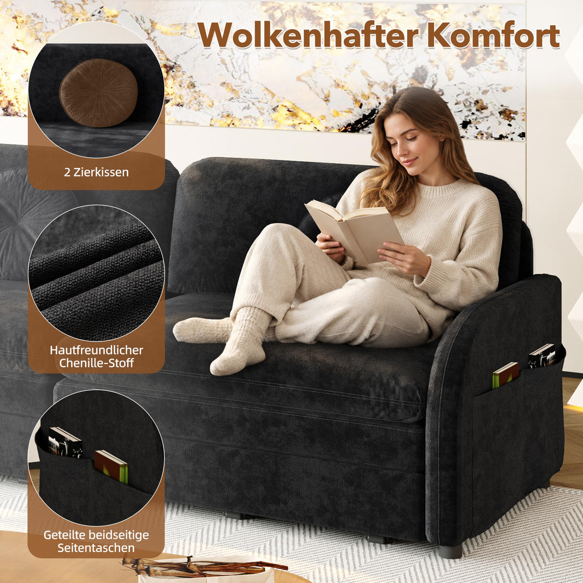 SCHLAFSOFA 3-in-1 ausziehbar 206 cm mit Stautaschen, DE-42862, Schwarz - Schwarz, Metall (206/90/84cm) - ComfortXL