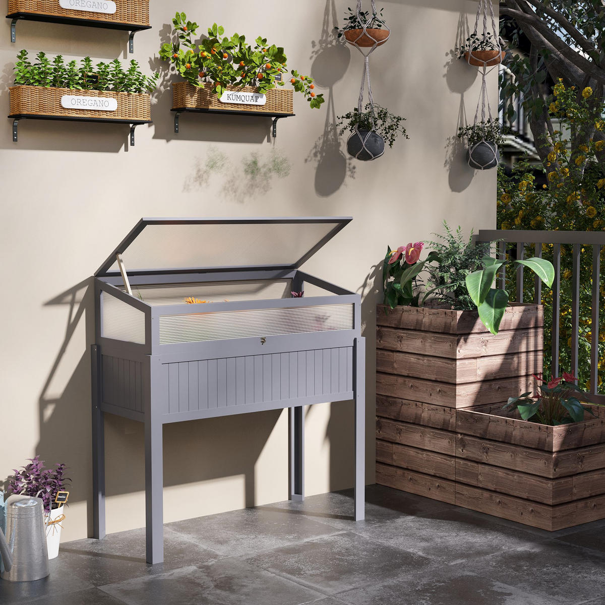 HOCHBEET, Gewächshaus, 2-in-1, Polycarbonat, grau, 120x54x112/122cm - Multicolor, Holzwerkstoff (120/122/54cm) - FORIOUS