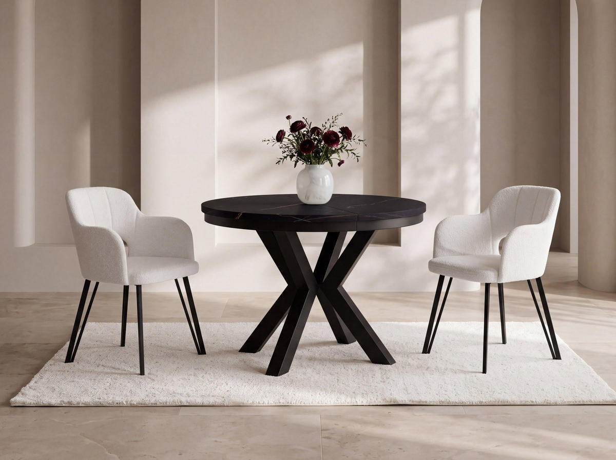 ESSTISCH Clara runder ausziehbarer, Marmor Schwarz Kupfer 120-200/120/76 cm - Schwarz/Kupferfarben, Holzwerkstoff/Metall (120/200/76cm) - WFL GROUP