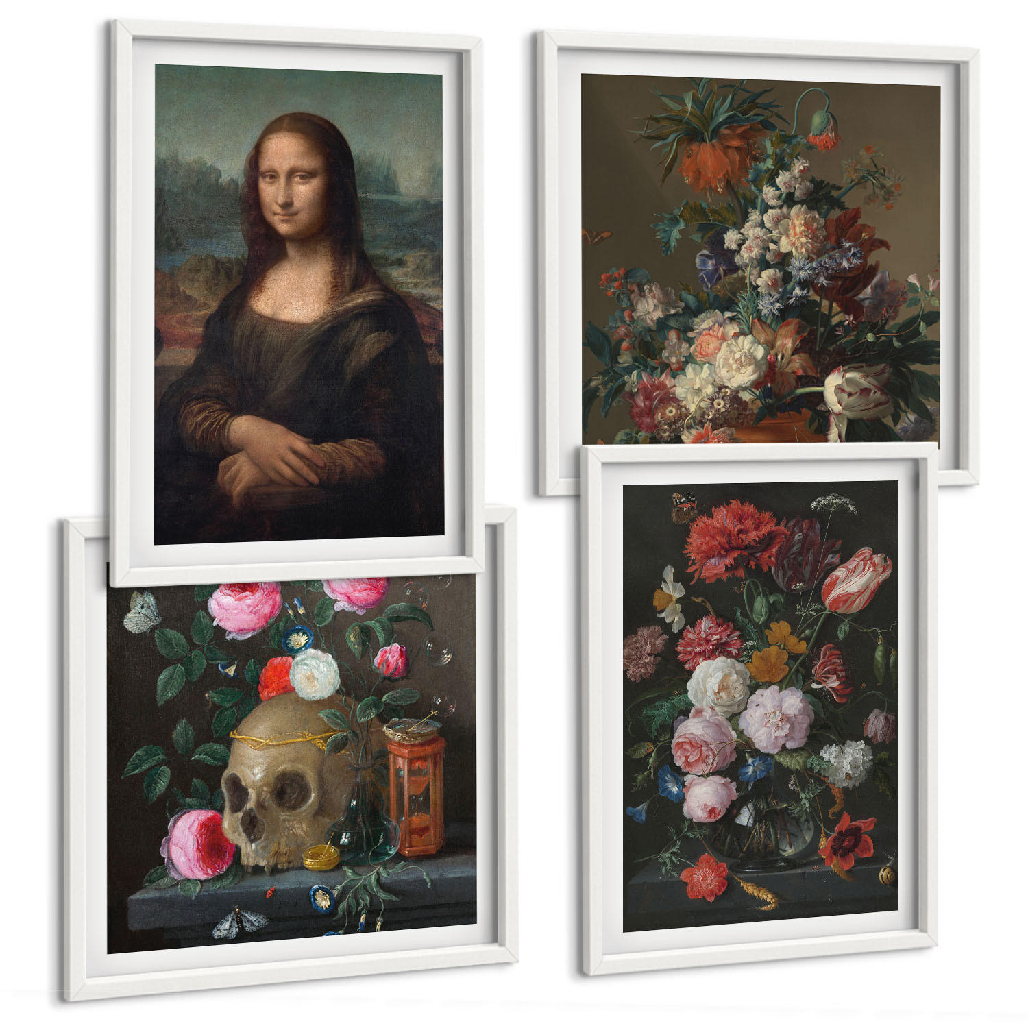 BILDER SET 4er Set - 50x50 cm & 40x60 cm Weißer Rahmen - Vintage Blumen Totenkopf Mona Lisa - Weiß, Kunststoff (50/50cm) - TULUP