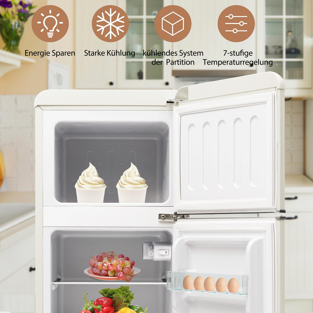 KUHLSCHRANK 41/45.5/105.5 cm Antikweiß mit 92 Liter Gesamtvolumen und LED-Licht - Weiß, Kunststoff (45.5/105.5/41cm) - Oxeza