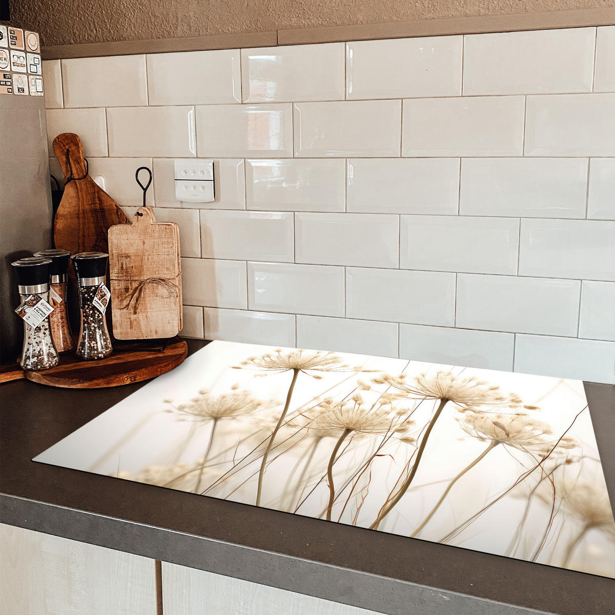 HERDABDECKPLATTE Blumen - Weiß - Sonnenlicht 77x51 cm - Ecru, Kunststoff (77/51/0.2cm) - MuchoWow