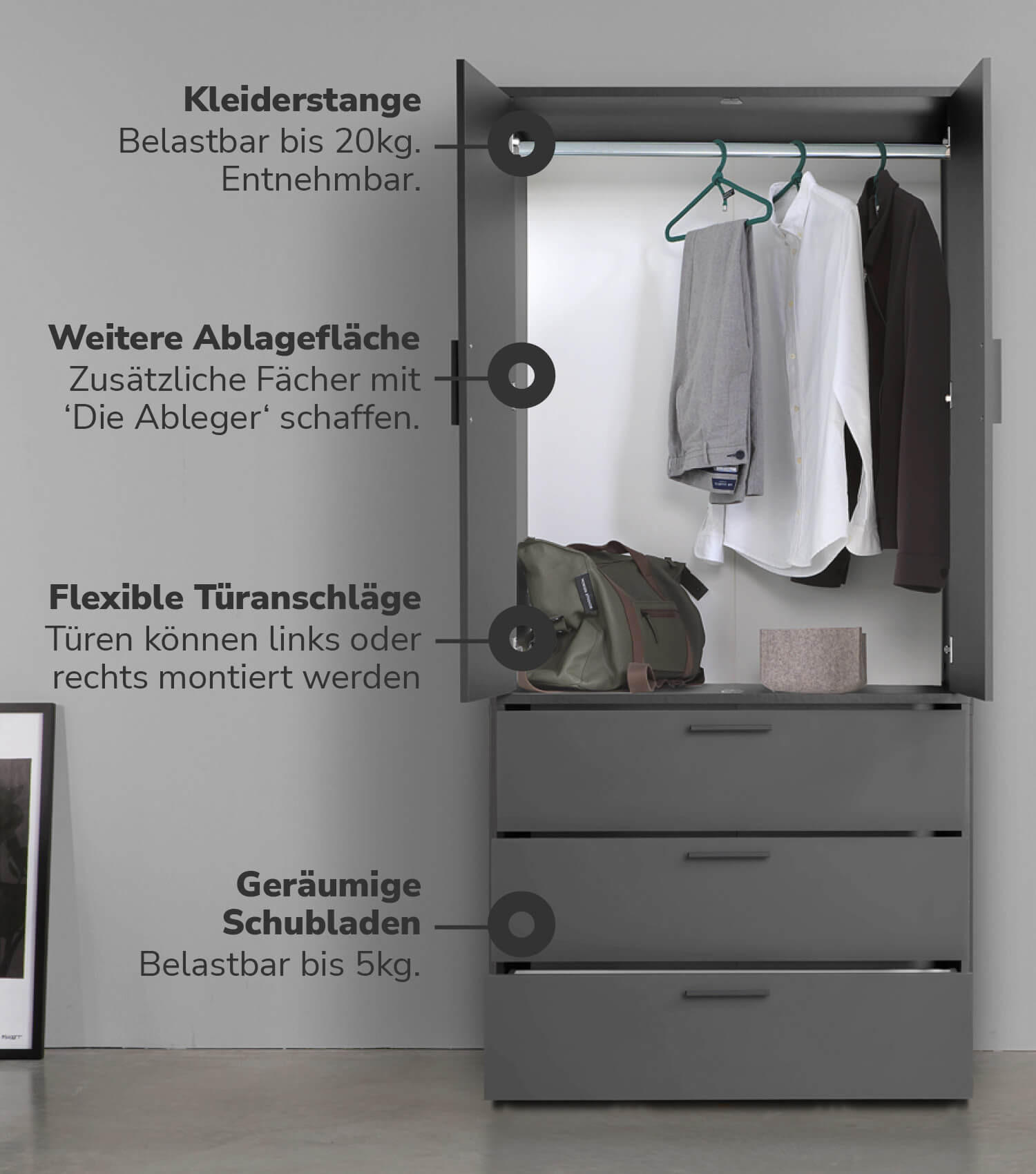 KLEIDERSCHRANK mit Spiegel Der Grenzenlose - Anthrazit, Holzwerkstoff (90/187/58cm) - Mokebo
