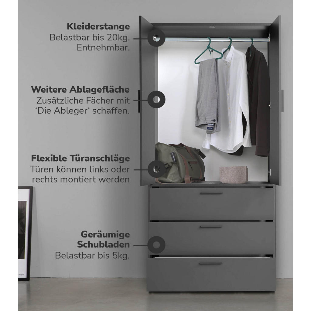 Thumbnail - Mokebo Kleiderschrank, Anthrazit, Holzwerkstoff, 90x187x58 cm, Schlafzimmer, Kleiderschränke, Drehtürenschränke