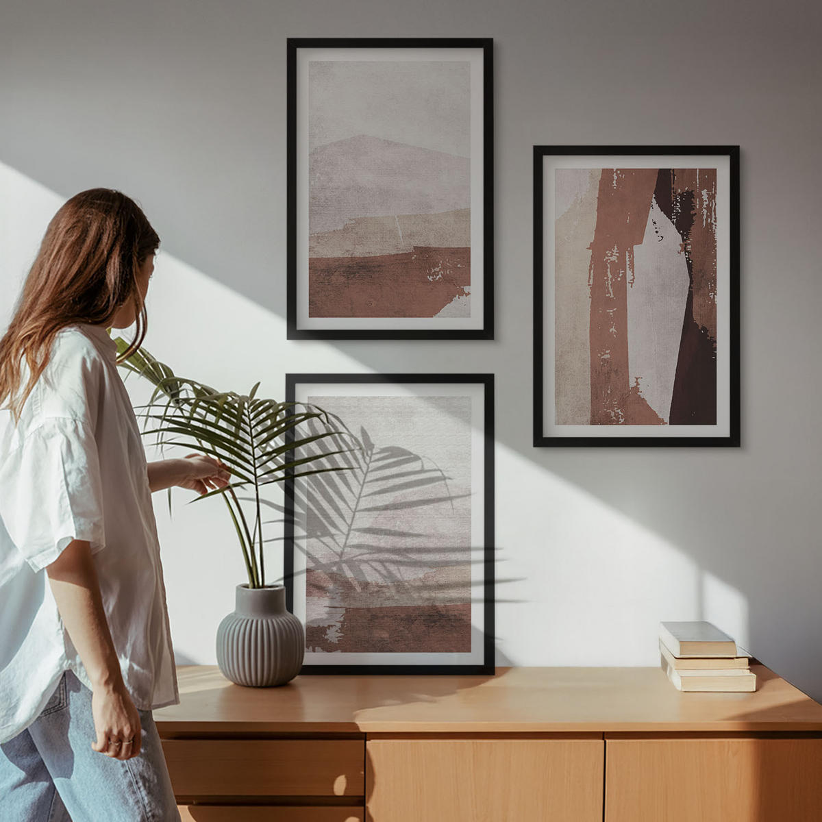 BILDER SET 3er Set - 40x60 cm Schwarzer Rahmen - Braun-beige abstrakte Muster - Schwarz, Kunststoff (40/60cm) - TULUP