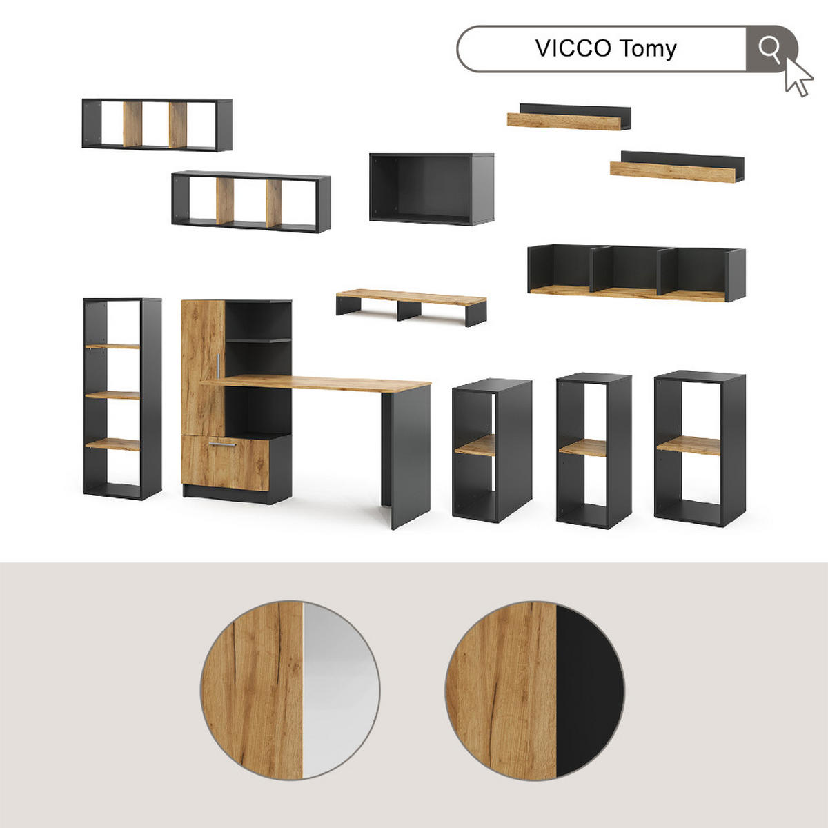 WANDREGAL Tomy Anthrazit/Goldkraft Eiche 60 x 10 cm 2er Set - Anthrazit/Eiche Wotan, Holzwerkstoff (60/10/12cm) - Vicco