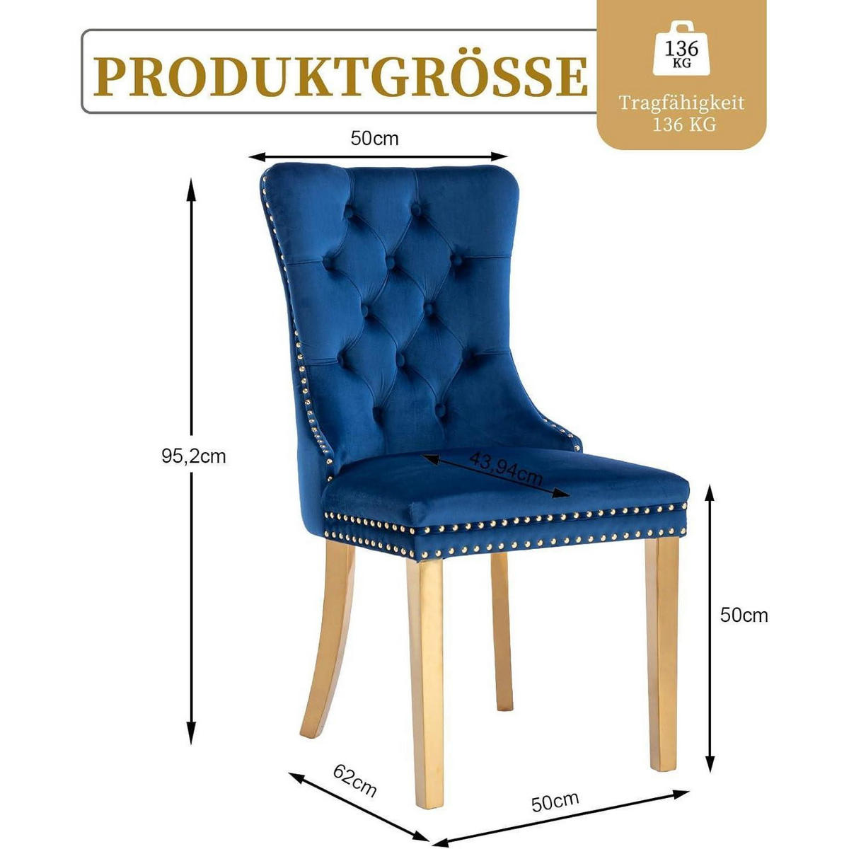 ESSZIMMERSTUHL 2er-Set Samt Blau mit goldenen Edelstahlbeinen - Blau, Textil (50/95.2/62cm)