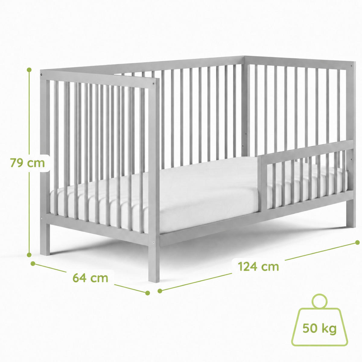 BABYPOSTÝLKA s poloviční boční zábranou 60x120 cm v šedé barvě - šedá, dřevo (60/120cm) - Kids Collective