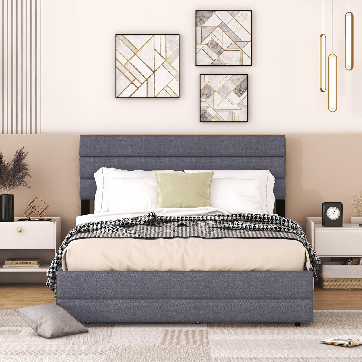 POLSTERBETT 140/200 cm grau mit Unterbett und zwei Schubladen - Grau, Textil (140/200cm) - OKWISH