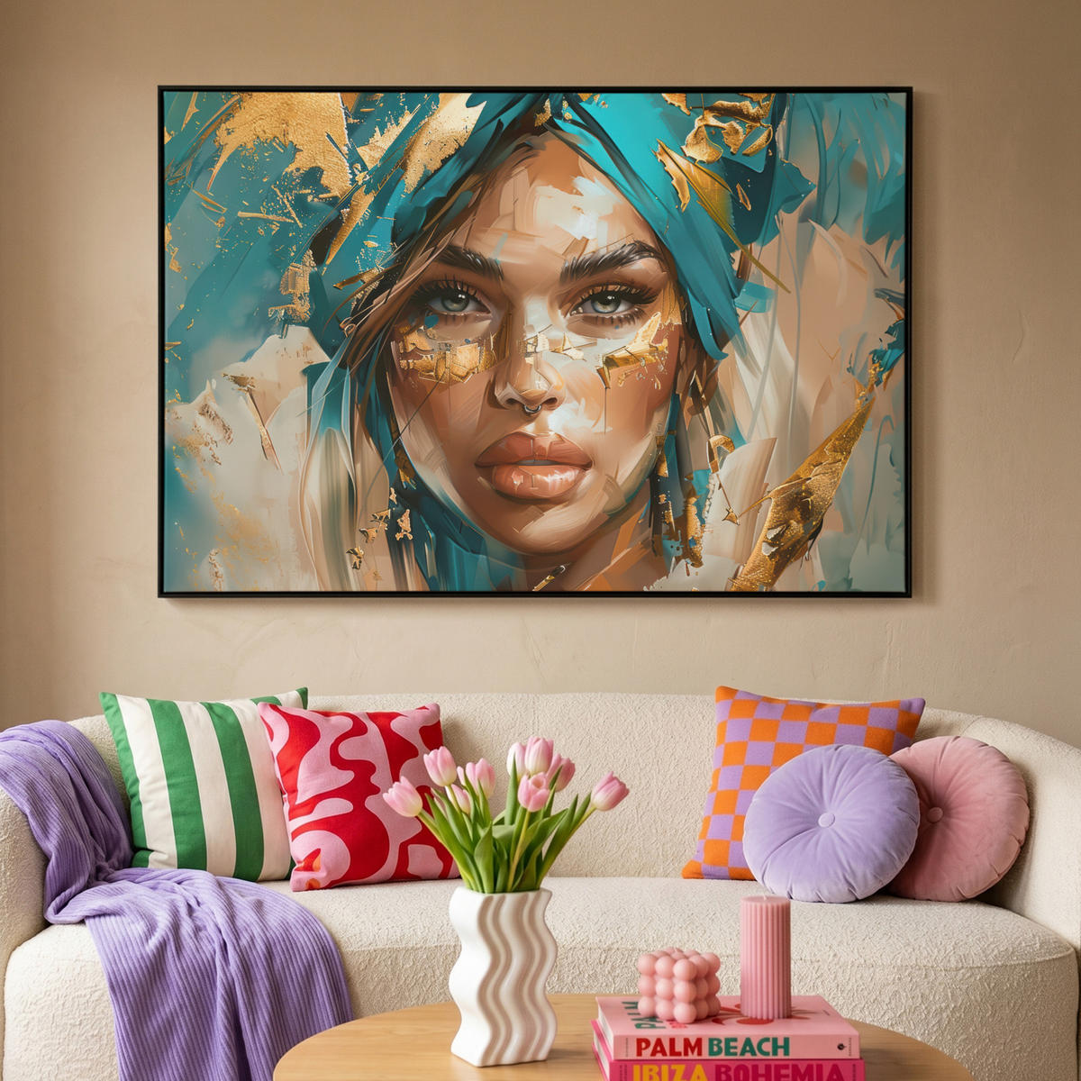LEINWAND Bilder mit Rahmen - Frau - Porträt - Gold - Luxus - Blau - 120x80 - Türkis, Textil (120/80cm) - MuchoWow