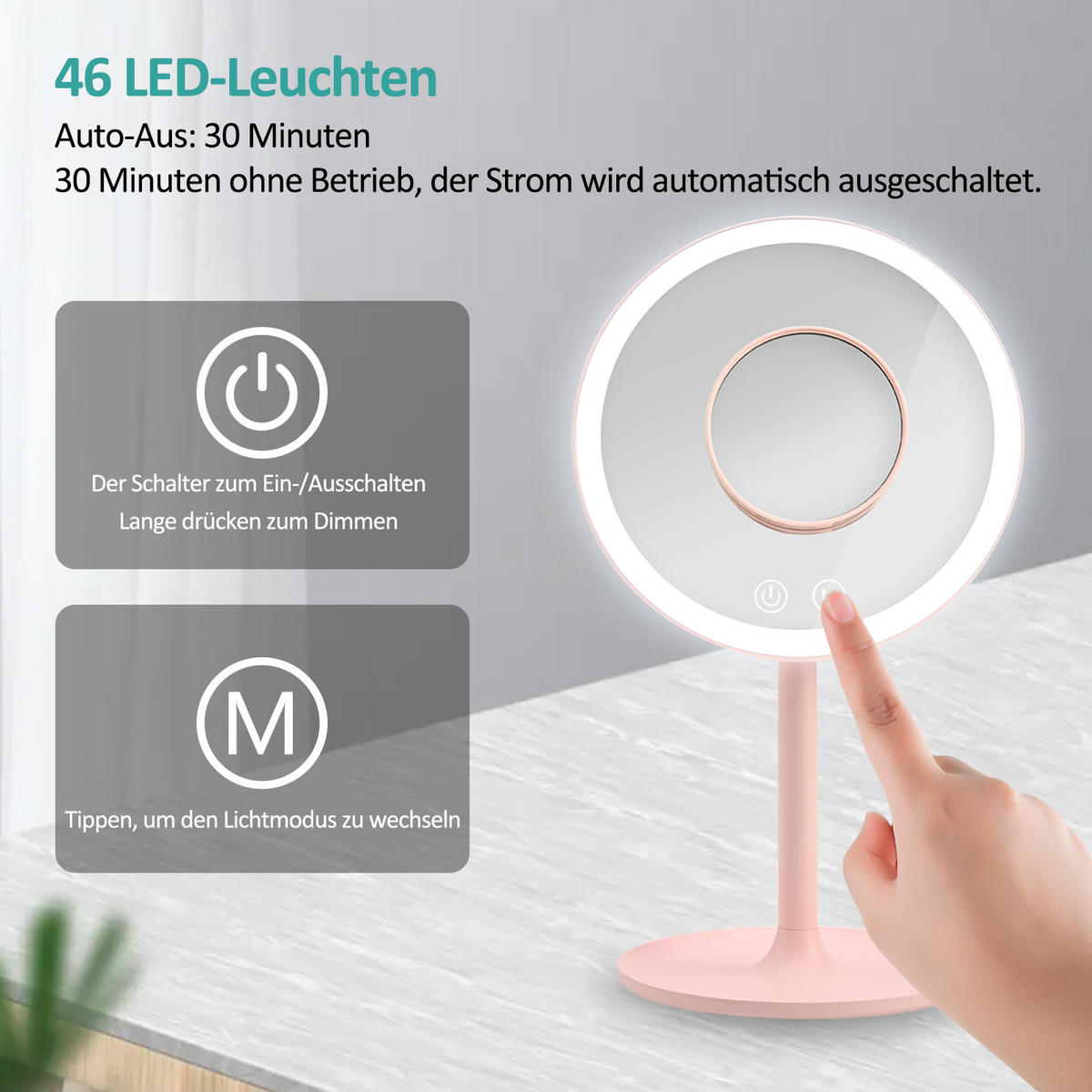 KOSMETIKSPIEGEL mit Licht mit Abnehmbare Saugnapfes, Rosa, φ20 cm - Pink, Glas (20/35/20cm) - EMKE