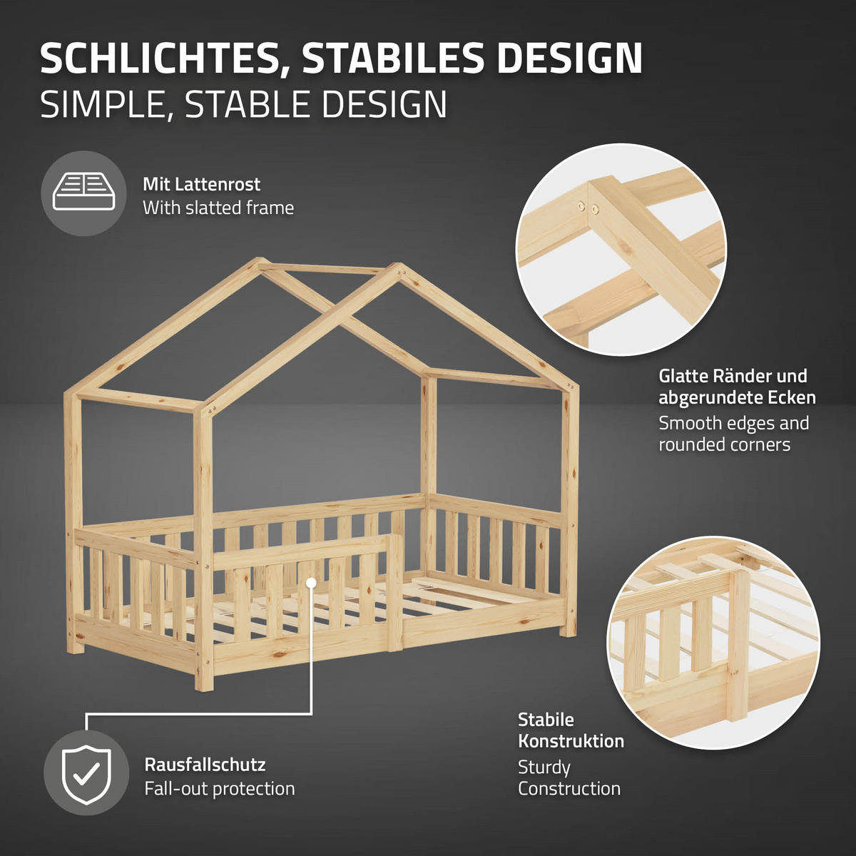 HAUSBETT 70x140 cm Natur aus Kiefernholz mit Rausfallschutz - Beige, Holz (70/140cm) - ML-DESIGN