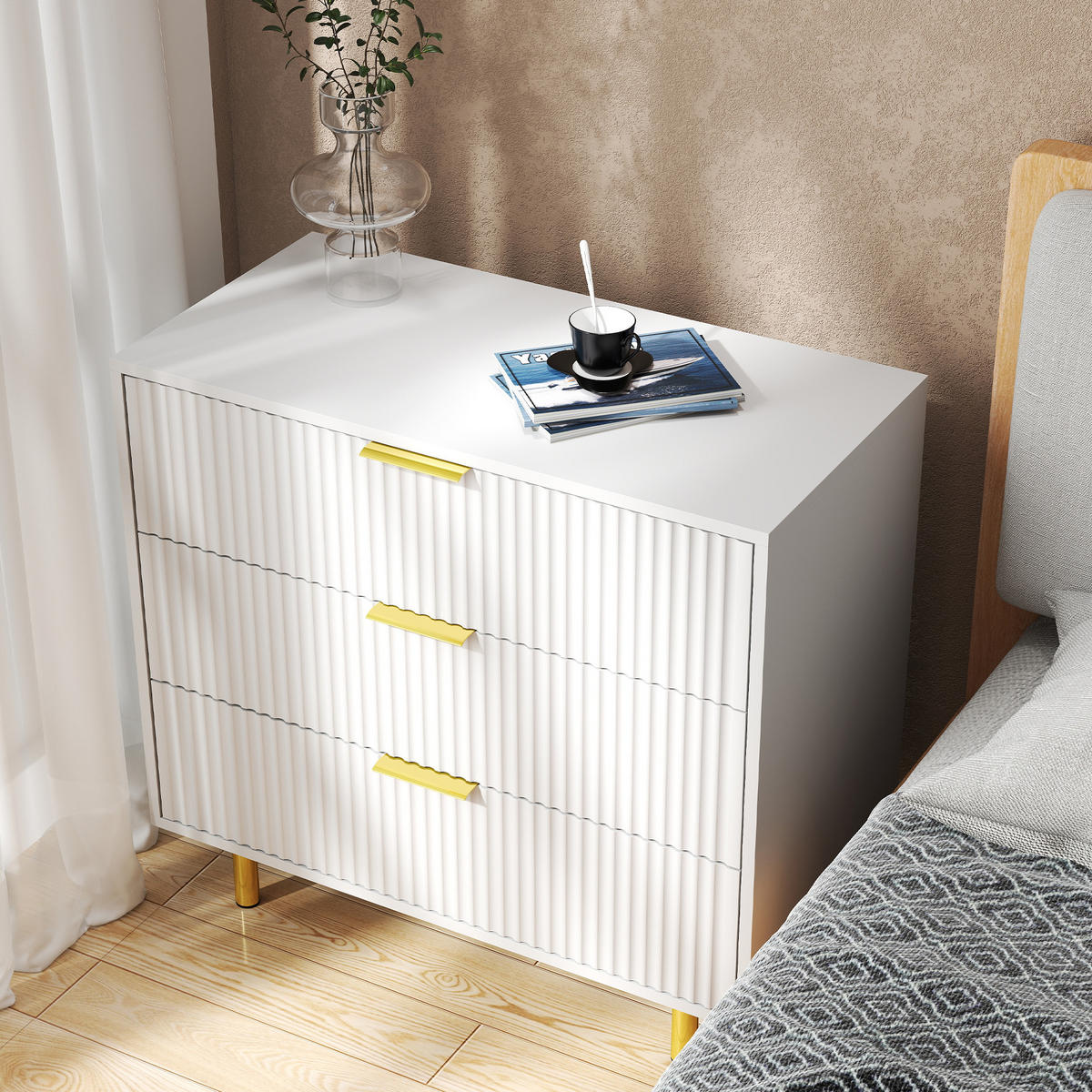 KOMMODE 80/40/72 cm mit 3 Schubladen und goldfarbenen Metallgriffen - Weiß, Holzwerkstoff (80/72/40cm) - BEAOK