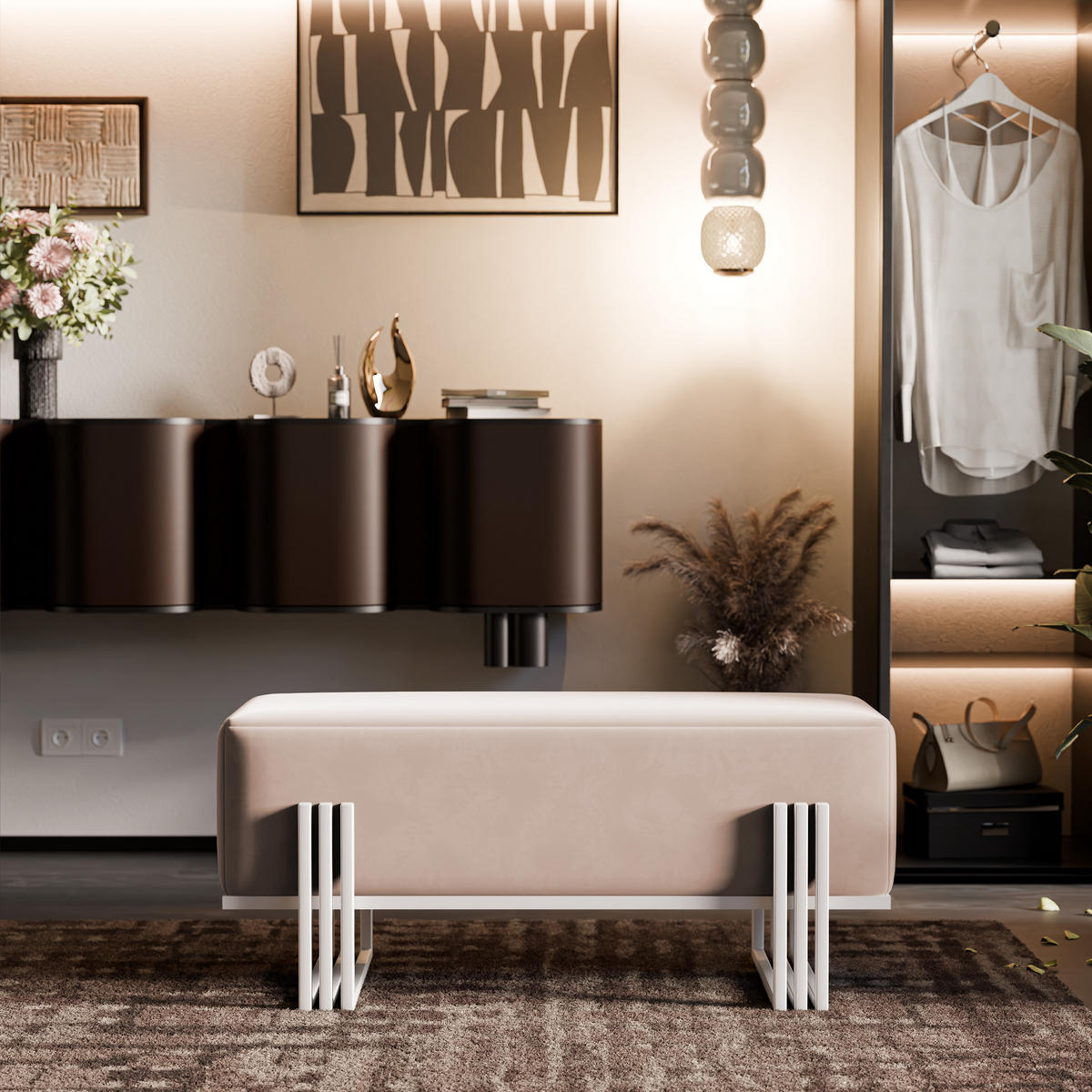 POLSTERBANK TEO 80 cm Weiß / Beige ,Metallgestell - Beige, Metall (80/47/35cm) - Idohome