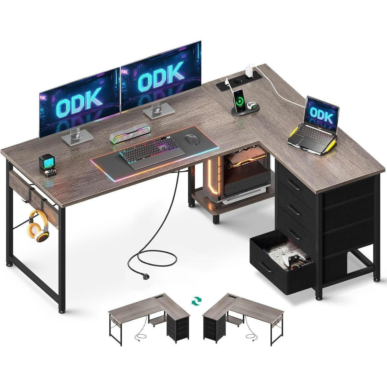 ECKSCHREIBTISCH mit Steckdose und USB 135 x 100 cm Graue Eiche - Grau, Holzwerkstoff (100/135/75.7cm)