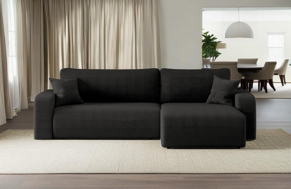 SCHLAFSOFA MILANO XL und bettkasten stoff Poso Dicker Cord Schwarz Rechts - Schwarz, Holz (274/82/145cm) - Kaiser Möbel