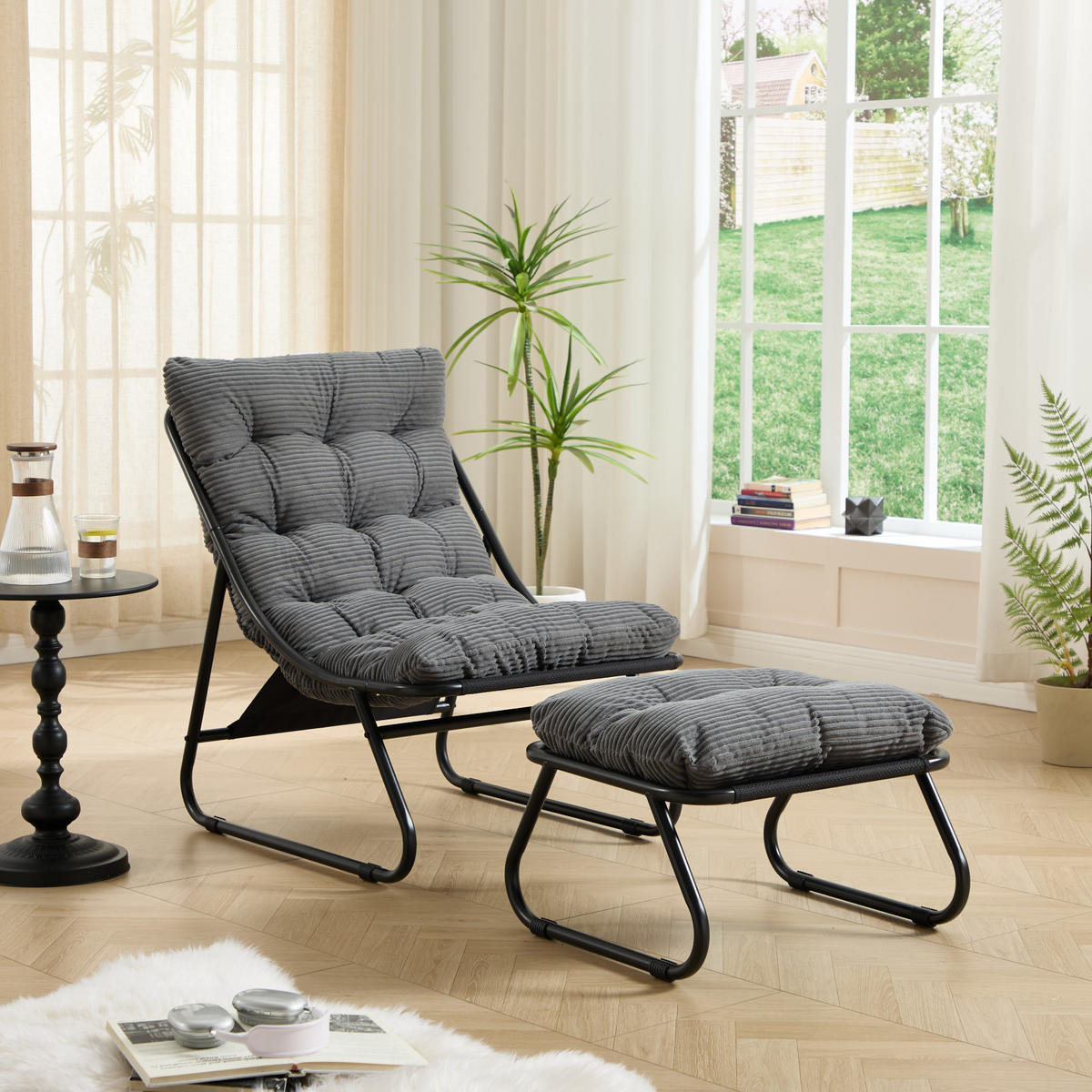 SCHAUKELSTUHL Grau mit Beinablage und Weichem Kissen und Hocker - Grau, Metall (65/86/78cm) - PARAFTA HOME