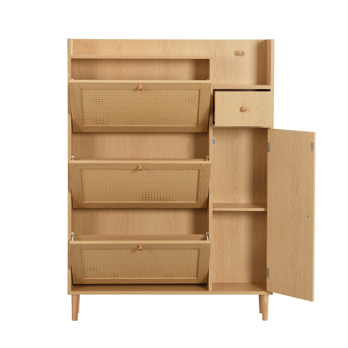 SCHUHSCHRANK Rattan mit 3 Klapptüren und 1 Schublade Massivholzbeine 90x125x17 cm - Braun, Holz (17/125/90cm) - Moorle