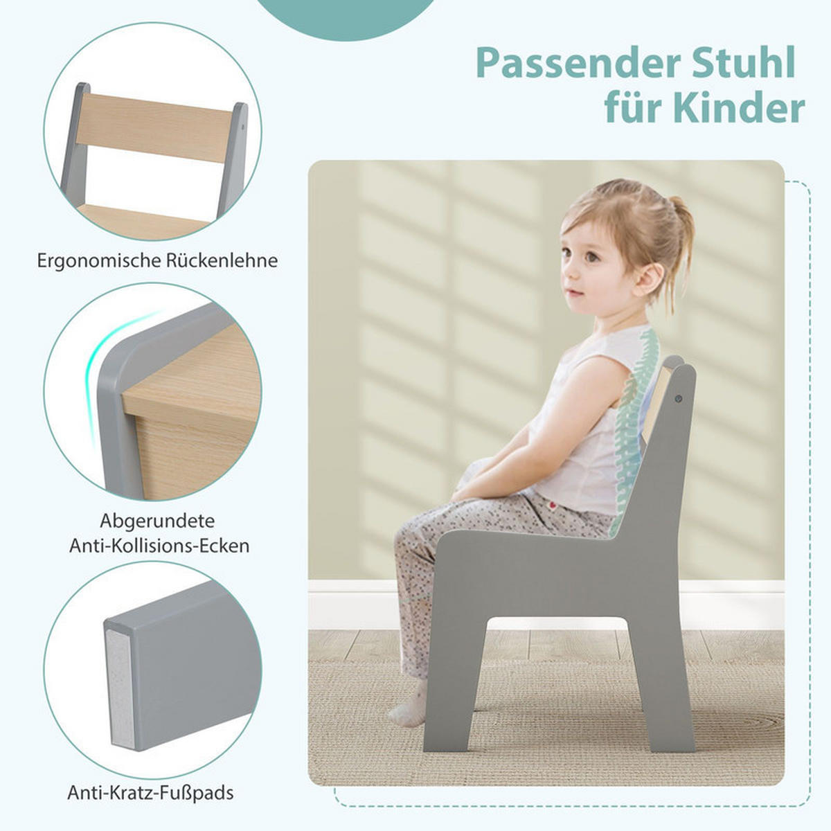 KINDERTISCH mit Stuhl grau(2-tlg) - Grau, Holzwerkstoff (61.5/59/47cm) - COSTWAY