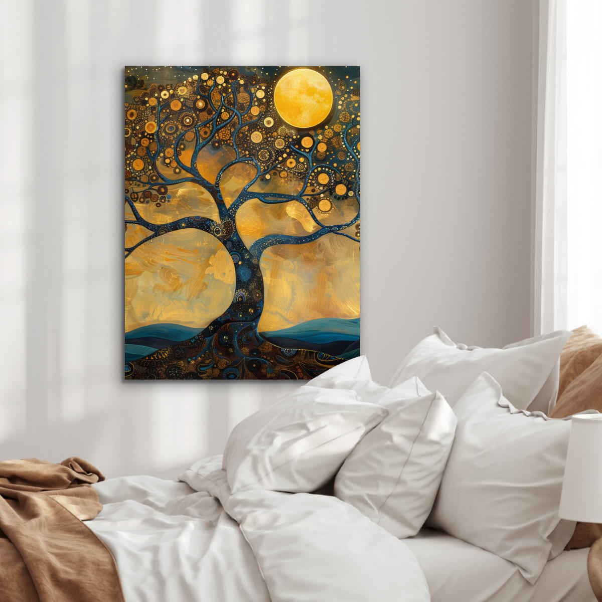 METALLBILD Baum - Mond - Blumen - Gold - Kunst 60x80 cm - Orange, Metall (60/80cm) - MuchoWow