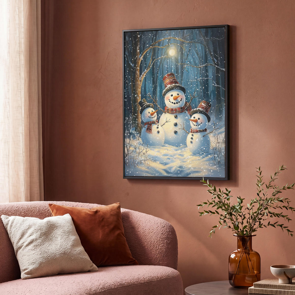LEINWAND Bilder mit Rahmen - Schneemann - Schnee - Winter - Wald - 70x100 - Hellblau, Textil (70/100cm) - MuchoWow