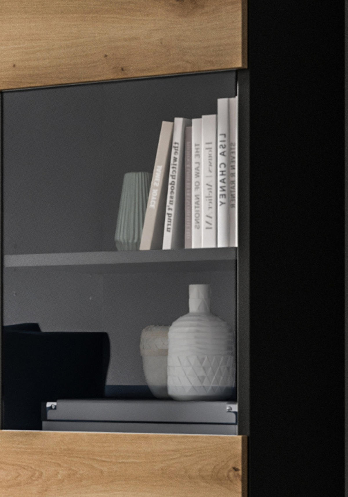 WOHNWAND Eiche Artisan, grau, Kombination 3-teilig 220 cm hängend oder stehend, Soft-Close, Cooper - Schwarz/Eiche Artisan, Glas/Holzwerkstoff (221/141/33cm) - Inn.Furn