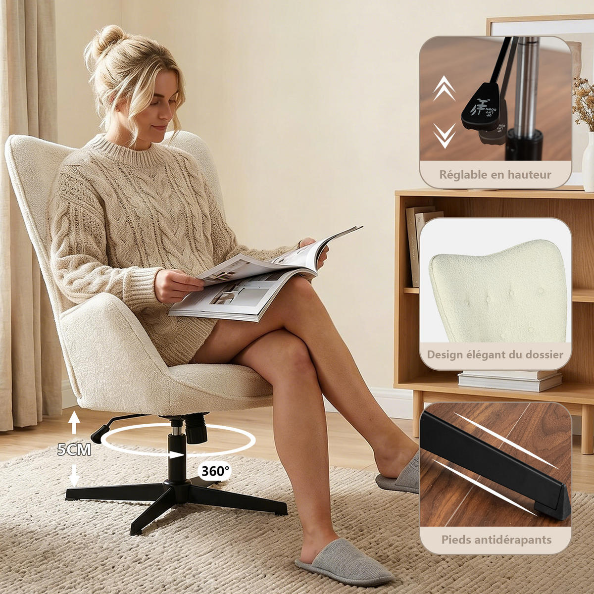 DREHSESSEL, 360° drehbar, mit Neigefunktion und Höhenverstellung, Chenillebezug, Beige - Beige, Metall (67/100/73.5cm) - Meubles Cosy