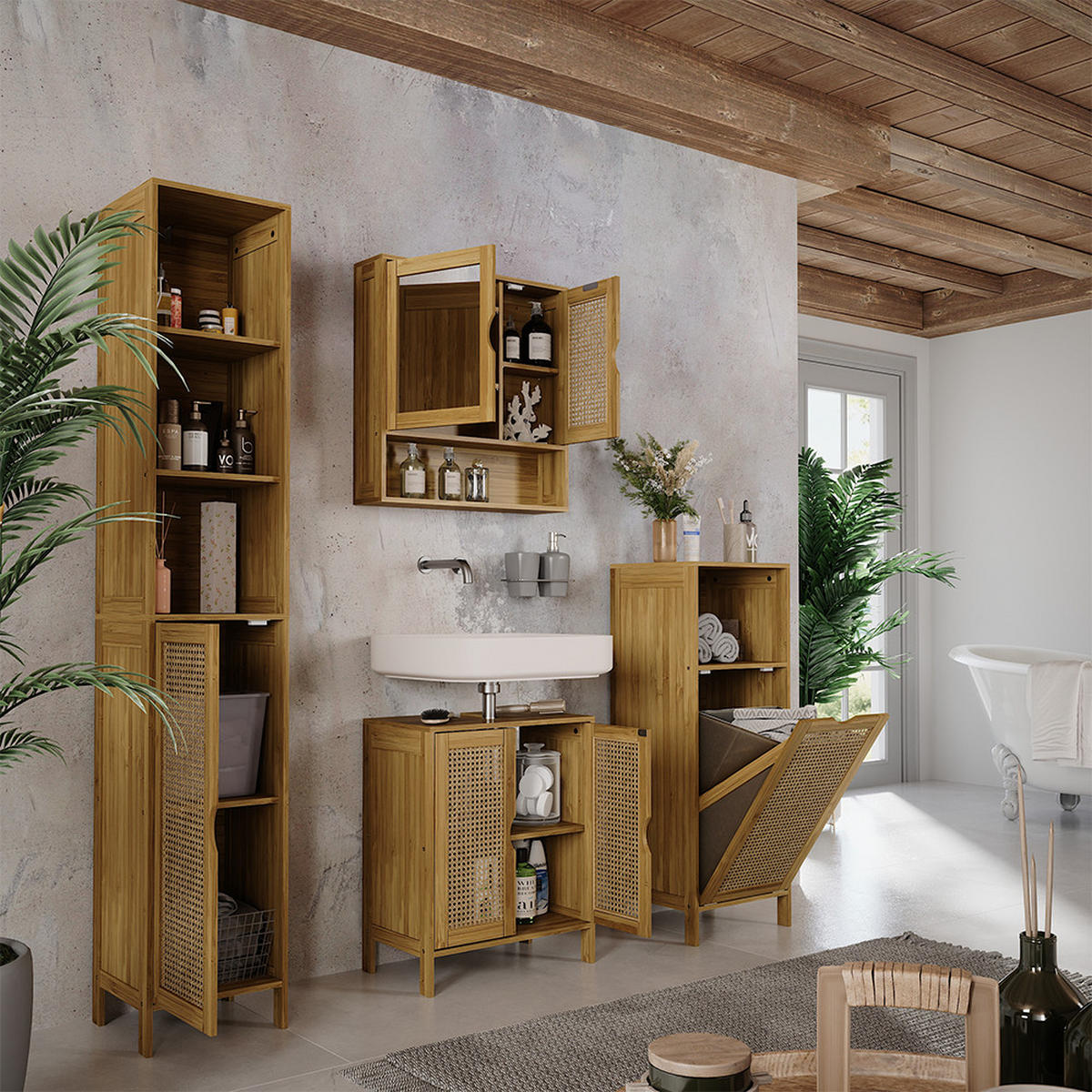 SADA KOUPELNOVÉHO NÁBYTKU Liora Bambus - zelená barva, kompozitní dřevo (48/60/29cm) - Vicco