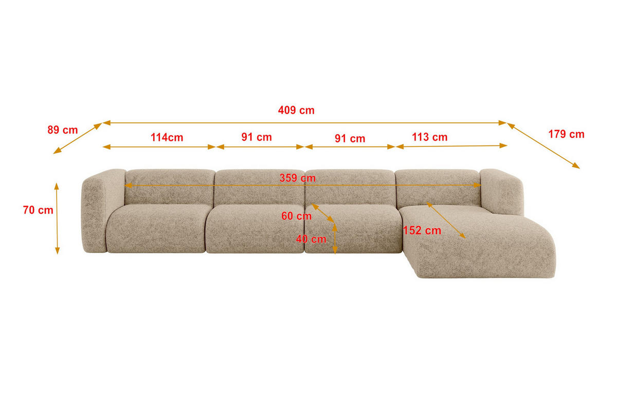 ECKSOFA Ottomane Rechts MIRA-L3 409x179x70 Braun Velours - Schwarz/Braun, Holzwerkstoff/Kunststoff (409/179cm) - ALTDECOR
